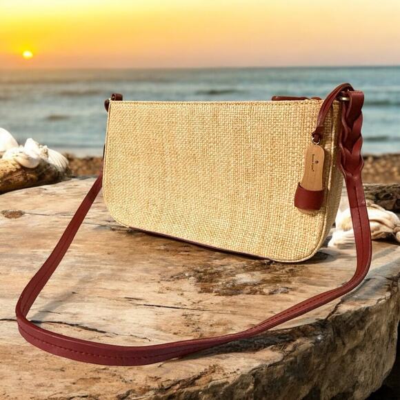 Etienne Aigner Handbags - VTG Etienne Aigner Woven Straw & Cranberry Trim Shoulder Bag Wood Sandal Fob
